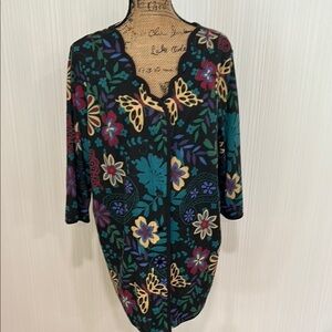 Roaman's Floral Scalloped Tunic - Black, Red, Blue, Yellow